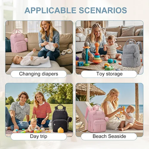 Vista 9 de MOONBABY Mochila para pañales, bolsas de pañales para bebés con cambiador portátil y estuche para chupete, mochilas multifuncionales para pañales