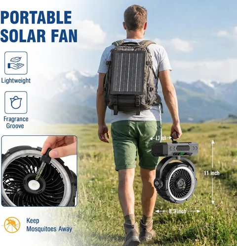 Vista 7 de Ventilador de campamento recargable con energía solar y oscilación automática, 【Funcionamiento de 60 horas】: ventilador portátil al aire libre, 5
