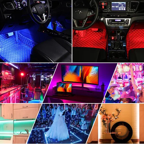 Vista 6 de Tira de luces LED para automóvil, 4 unidades de 48 luces LED USB para interiores, tira de luces multicolor de música para automóvil, kit