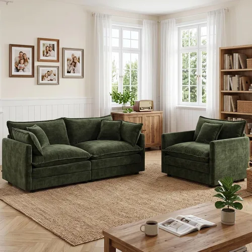 Vista 56 de Tmsan Chenille Cloud - Juego de sofá y silla, color beige y blanco Blanco beige