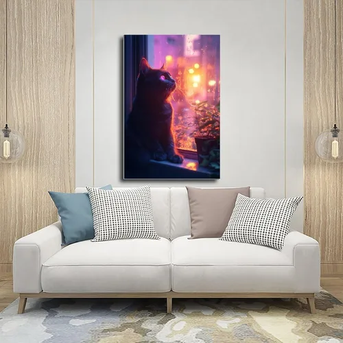 Vista 5 de ZMLIS Vaporwave Cat Wall Art – Y2K Cyber Aesthetic Poster – Retro Futuristic Room Decor Canvas Poster Wall Art Decor Print Picture Paintings for