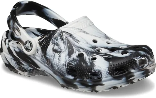 Vista 6 de Crocs - Zuecos clásicos unisex teñidos con efecto mármol, blanco/negro, talla 14 para mujer/12 para hombre