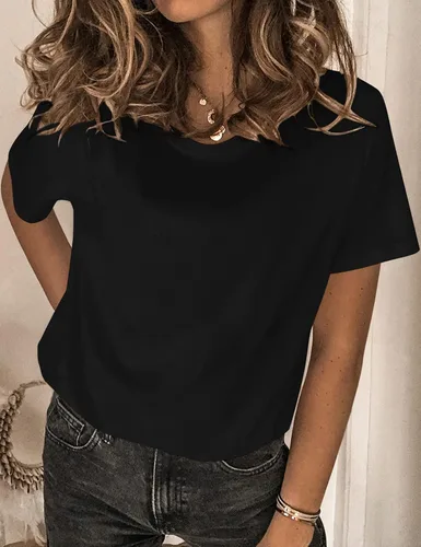 Vista 4 de Saslax Camiseta de manga corta con cuello redondo y ajuste holgado para mujer, estilo casual, básico
