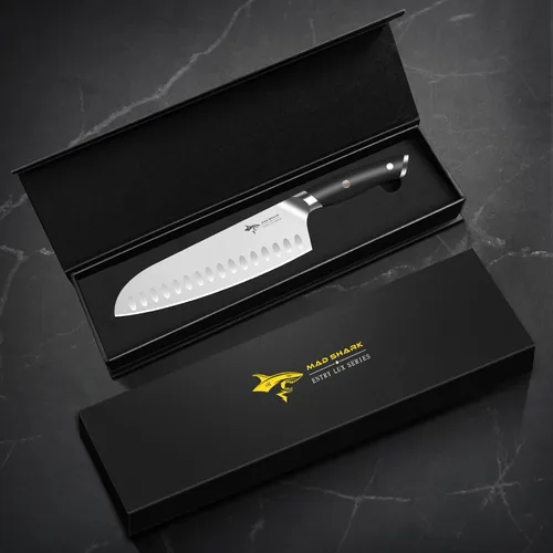 Vista 7 de Mad Shark - Cuchillo de chef profesional Santoku de 8 pulgadas, de acero inoxidable alemán de alto carbono, antiadherente, ultra afilado, con mango