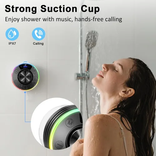 Vista 4 de Altavoz Bluetooth, altavoz de ducha portátil con gancho, altavoces Bluetooth impermeables IPX7 con ventosa, pantalla digital/de tiempo, sonido