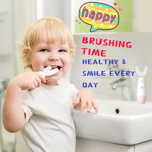 Vista 3 de Cepillo de dientes eléctrico para niños, cepillo de dientes en forma de U para niños pequeños, cepillo de dientes impermeable con batería, cepillo