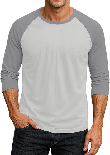 Vista 7 de Camiseta de béisbol raglán para hombre, manga larga, cuello redondo, tela ligera que absorbe la humedad para uso casual