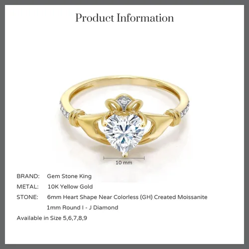 Vista 70 de Gem Stone King Anillo de compromiso claddagh celta irlandés de oro amarillo de 10 quilates con piedra preciosa en forma de corazón de 0.236 in