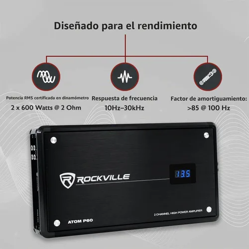 Vista 2 de Rockville Atom P60 Amplificador de 2 canales para coche/ATV, 1200 W RMS, pico de 4800 W