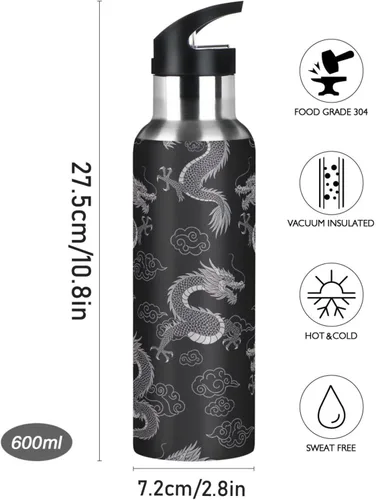 Vista 9 de Insulated Water Bottle 20 Oz, BPA-Free Sport Water Bottle for Gym Outdoor Travel School, Dragons Cloud Black