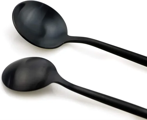 Vista 3 de JASHII Juego de 6 cucharas de acero inoxidable 304 negro mate con mango largo, juego de vajilla moderna para el hogar, cocina, regalo de fiesta