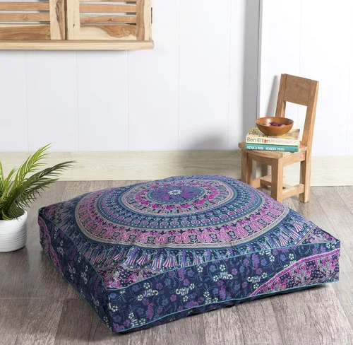 Vista 7 de Popular Handicrafts Funda de cojín de suelo – Funda de cojín de mandala de elefante hippie grande de algodón – Funda de puf redonda bohemia Azul