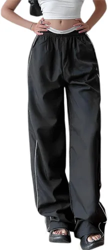 Vista 4 de KMBANGI Pantalones de paracaídas para mujer, holgados Y2k, pantalones deportivos con cintura elástica, rayas laterales, pantalones deportivos