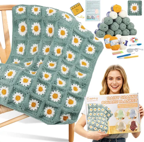 Vista 10 de Kit de Ganchillo Coopay para Principiantes para Manta, Kit de Ganchillo de Cuadrados de Abuela con Instrucciones y Suficiente Hilo, Juego Completo
