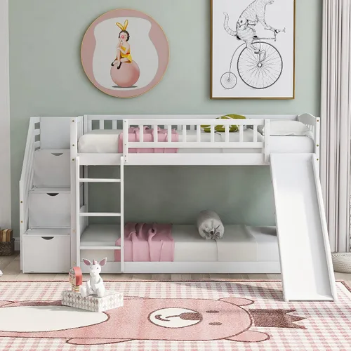 Vista 12 de CITYLIGHT Twin Over Twin Low Bunk Bed with Slide and Storage Stairs, Gray Grey