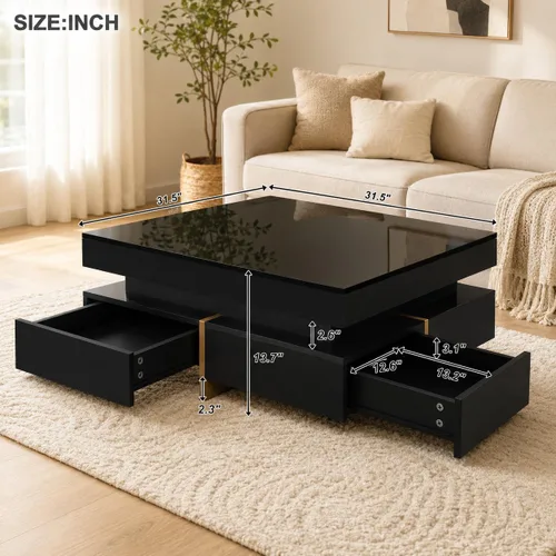 Vista 2 de Mesa de centro moderna con almacenamiento, mesa de centro cuadrada contemporánea con cajones, mesa central moderna de alto brillo para sala de Negro
