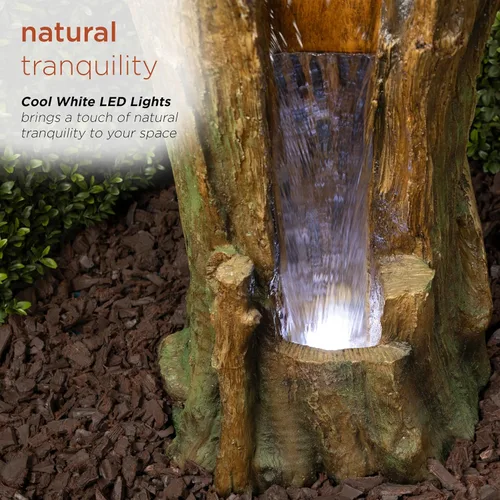 Vista 5 de Alpine Corporation TZL294 Fuente de piso para tronco de árbol al aire libre con luces LED blancas frías, decoración de jardín escalonada, 22