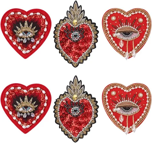Vista 8 de INFUNLY Parches de diamantes de imitación con cuentas de corazón a mano, parches bordados para coser en parches de corazón de cristal para ropa