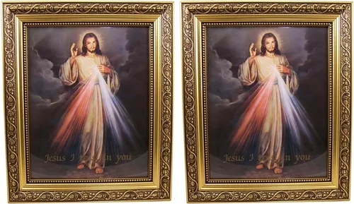 Vista 3 de Gerffert Impresión de la Divina Misericordia Jesucristo en marco de acabado dorado de 13 pulgadas