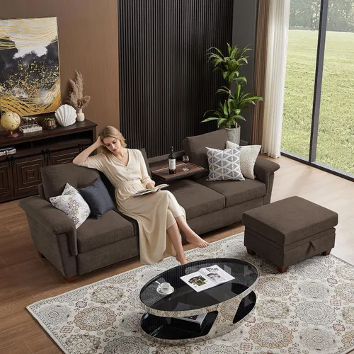 Vista 8 de Sofás seccionales de 4 asientos para sala de estar, dormitorio, oficina con almacenamiento, sofá modular convertible en forma de L con otomana y Café