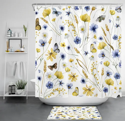 Vista 10 de EOBTAIN Nature - Cortina de ducha con flores silvestres para baño, cortina de ducha amarilla floral y mariposa sobre negro, con 10 ganchos, juego