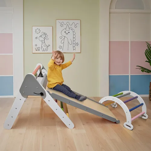 Vista 3 de Pikler - Juego de escalada triangular para niños pequeños 7 en 1, juego de escalador de interior de arco iris, plegable, juguete de escalada