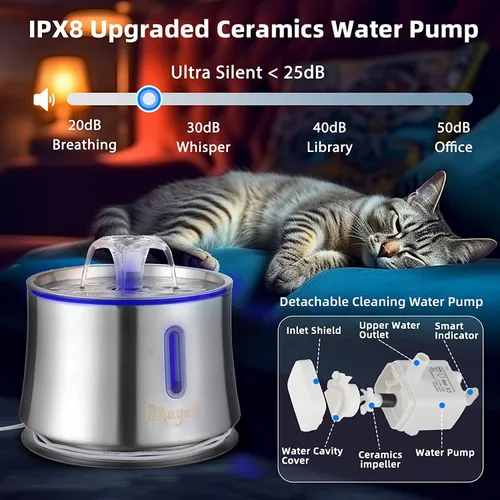 Vista 5 de Fuente de agua para gatos de acero inoxidable de 2.5 litros, fuente de agua automática para mascotas, fuente de agua para gatos, fuente de agua