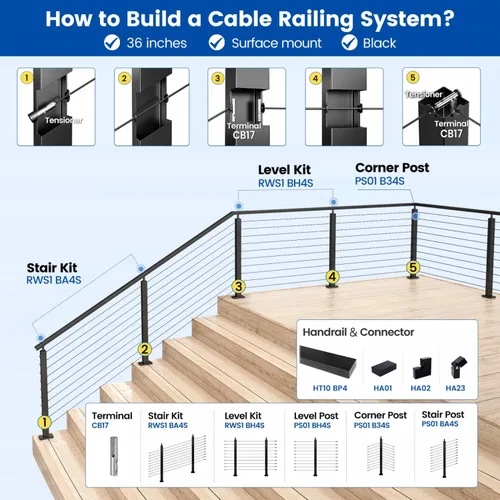 Vista 5 de Muzata Paquete de 4 postes de barandilla de cable negro de 36 pulgadas, 36 x 2 x 2 pulgadas, montaje en superficie perforada de nivel T304, kit