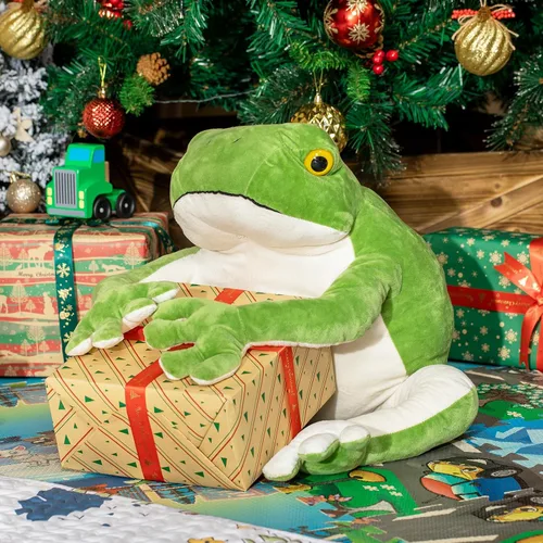 Vista 2 de BRINJOY Rana gigante de peluche, rana verde de felpa grande de 28 pulgadas con imán, calcomanías de Navidad, rana realista de peluche grande