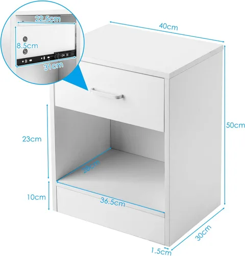 Vista 3 de Juego de 2 mesitas de noche para dormitorios, mesita de noche moderna con cajones, mesa auxiliar de madera para espacios pequeños, sala de estar