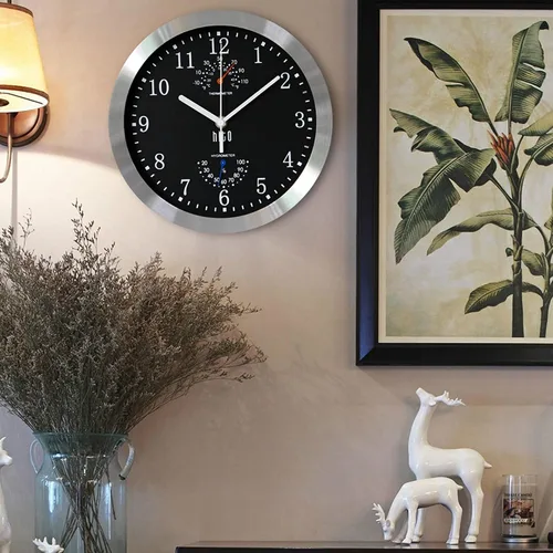 Vista 6 de HITO Reloj de pared silencioso de 10 pulgadas, funciona con pilas, sin tictac, cubierta de vidrio, marco de aluminio plateado, para decoración