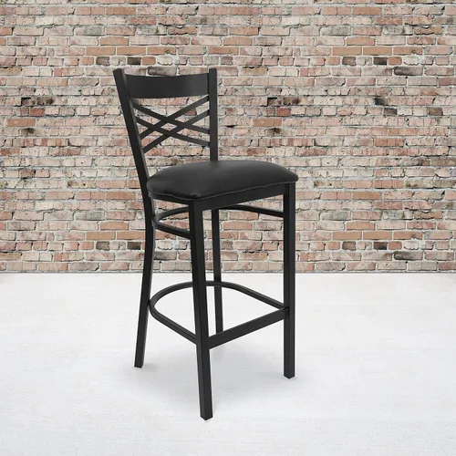 Vista 2 de Flash Furniture HERCULES Series Black ''X'' Back Metal Restaurant Barstool - Asiento de vinilo negro Asiento de vinilo negro/marco de metal negro