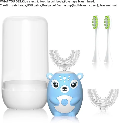 Vista 7 de Cepillos de dientes eléctricos en forma de U para niños, cepillo de dientes automático sónico de dibujos animados ciervos (azul 2-6 edad)