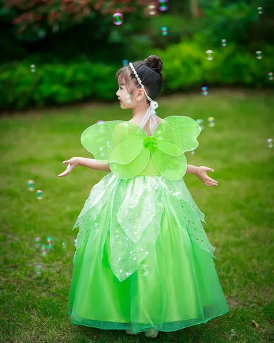 Vista 7 de Carkno Disfraz de princesa verde para niñas con alas de hada, diadema de flores, accesorios de disfraz, juego de rol de Halloween