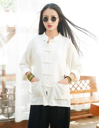 Vista 4 de LUZU JUNU Blusa casual de algodón y lino con botones para mujer, manga larga, holgada, con bolsillos