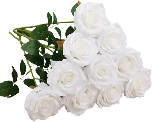 Vista 40 de 10 rosas artificiales abiertas, tallos de rosas artificiales para arreglos de boda, ramo de novia, centro de mesa, flores de seda sintética falsas