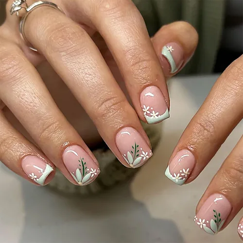 Vista 19 de Uñas postizas a presión con punta francesa verde, uñas postizas cuadradas cortas con diseños de cuentas de flores en 3D, uñas de verano, uñas Verde