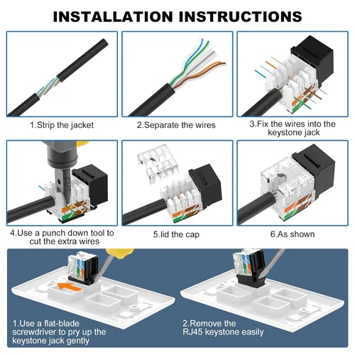 Vista 8 de VCE UL Listed Cat6 RJ45 Keystone Jack Insert 25-Pack, 90 Degree Punch Down Keystone Jack Adapter Slim Profile Negro Conectores Keystone RJ45