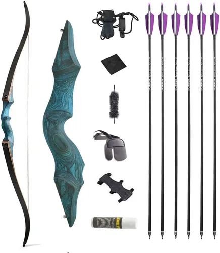 Vista 14 de Juego de arco recurvo y flecha original de 60 pulgadas Black Hunter Takedown de 20 a 60 libras, arco largo de madera tradicional RH&LH para caza