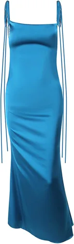 Vista 5 de BOIBOKOKO Vestido largo sexy sin espalda para mujer, vestido largo ajustado de satén Y2K con tirantes delgados, sin mangas, cuello vuelto