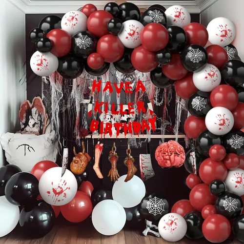 Vista 4 de Guirnalda de globos de Halloween con tela espeluznante y pancarta de 2 estilos, globos blancos impresos a mano negra roja y sangrienta, globos B