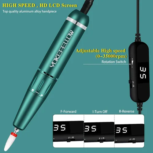 Vista 2 de YOKE FELLOW Taladro de uñas acrílico, 35000 rpm, portátil, USB, manicura, lijadora, pulidora de uñas Efile para uñas acrílicas, verde