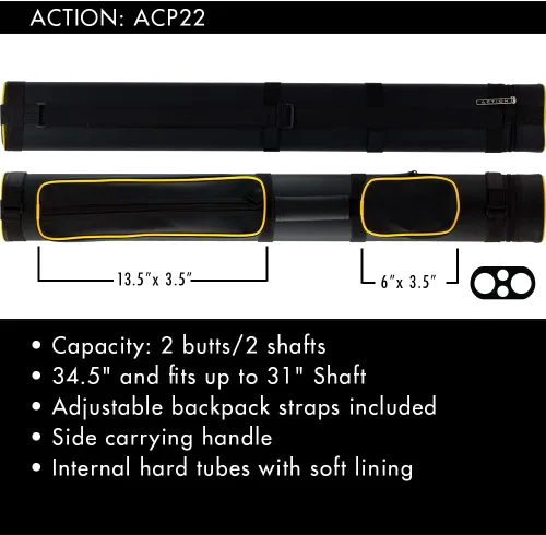 Vista 3 de Action Piping ACP22 2x2 Hard Pool Cue Case Negro con azul (black with Blue Piping)