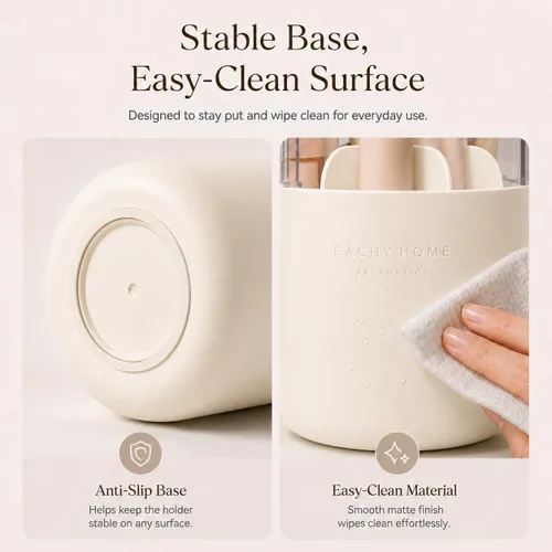 Vista 7 de EACHY Soporte para brochas de maquillaje giratorio de 360° con tapa a prueba de polvo, material impermeable, 7 compartimentos para almacenamiento