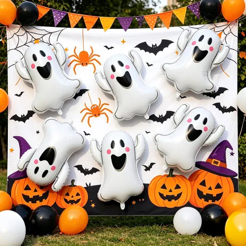 Vista 5 de 3 globos de fantasma de Halloween, globos de aluminio con forma de fantasma blanco, globos grandes de Mylar para decoración de fiesta temática