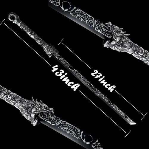 Vista 6 de Espada china de la dinastía Tang Dao de acero al carbono, hoja recta afilada, katana con patrón de dragón, funda