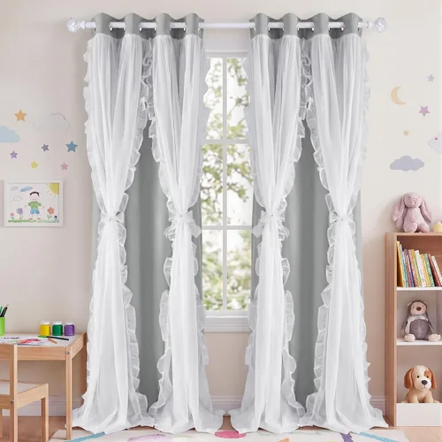 Vista 20 de PONY DANCE Cortinas con Volantes de Doble Capa con Superposición Transparente, Decoración Elegante para Ventanas de Diseño Rústico Francés de Campo