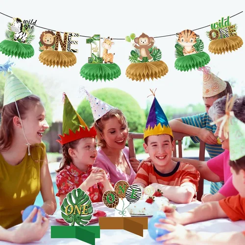 Vista 5 de 10 centros de mesa de panal Wild One, decoraciones de cumpleaños para niños y niñas, centros de mesa de safari para mesas 3D de doble cara para baby