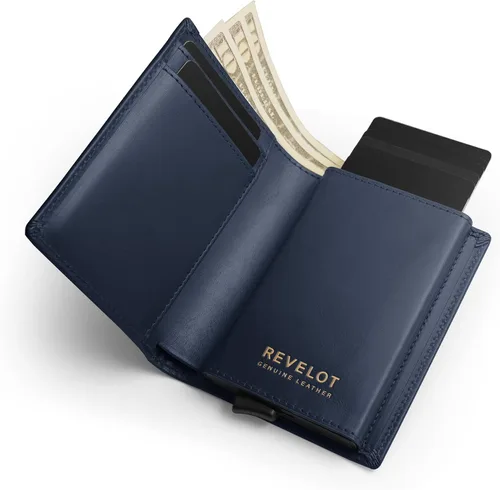 Vista 5 de Revelot Cartera doble tarjeteropiel auténtica con bloqueo RFIDW1, AZUL CERADO, Elegante y a la moda