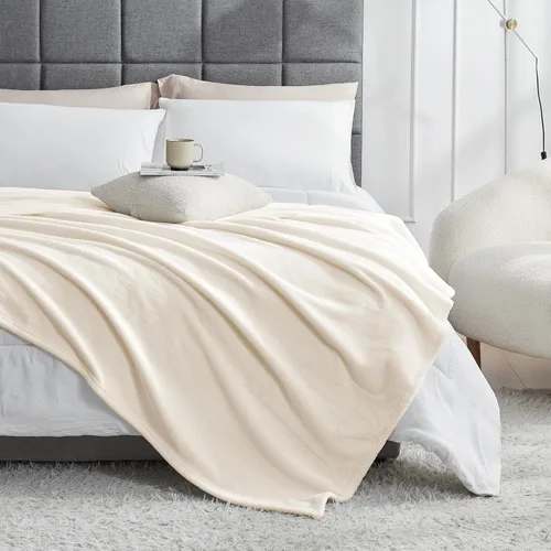 Vista 3 de Hansleep Manta de forro polar para sofá beige, súper suave manta de franela esponjosa y acogedora para todas las estaciones, beige, manta de 50x60